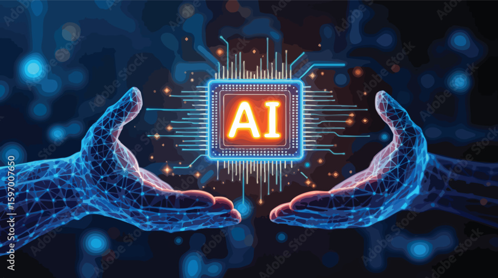 Poster artificial intelligence cpu circuit board held by futuristic glowing hands in conceptual design.