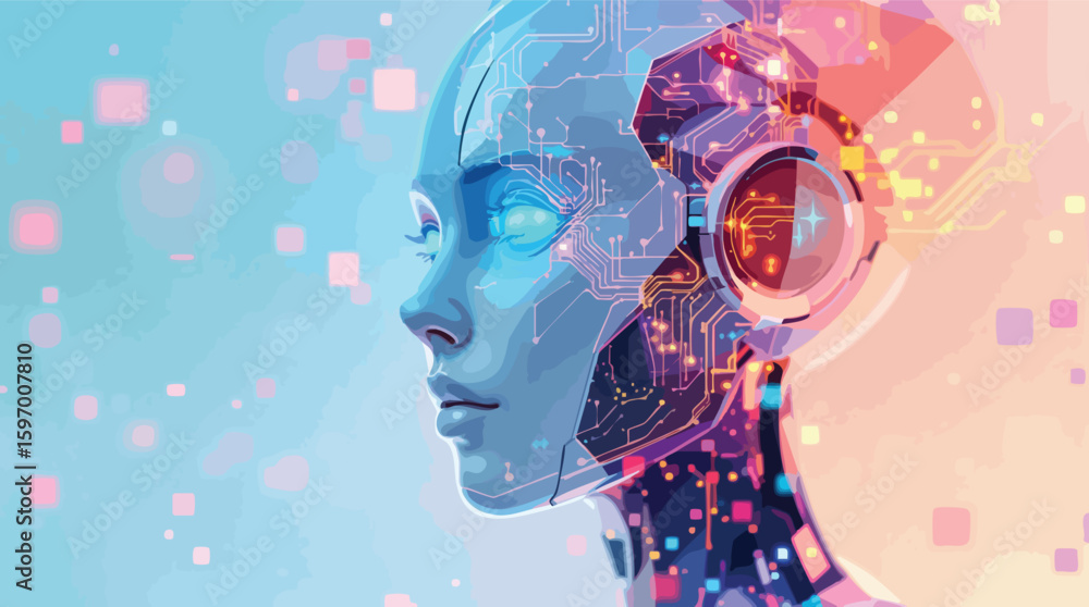 Poster digital futuristic portrait of a cybernetic human with circuitry and artificial intelligence.