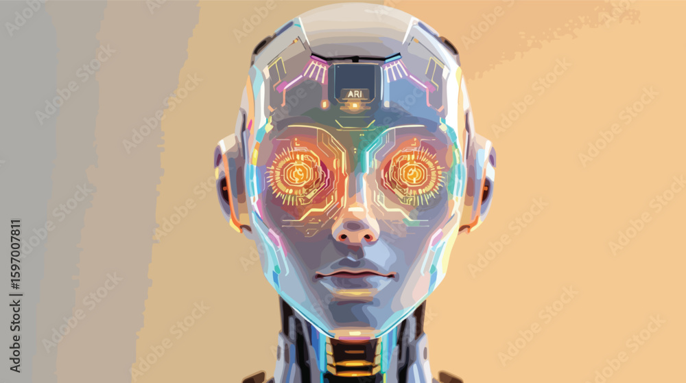 Poster digital artwork of a futuristic humanoid robot face with glowing circuitry and futuristic design.