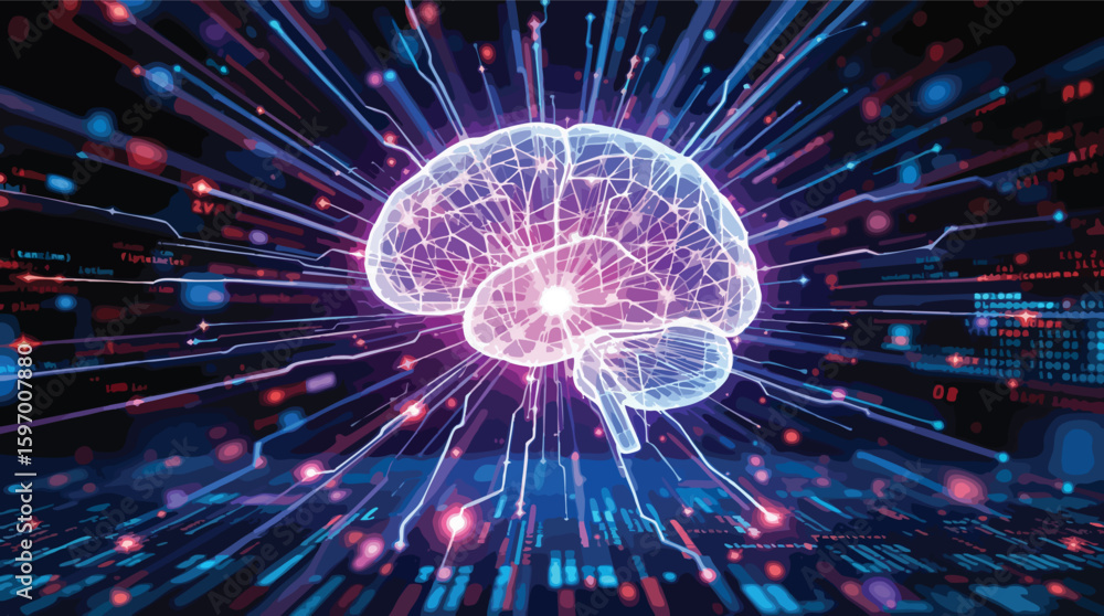 Poster digital illustration of a glowing brain with data streams representing artificial intelligence.