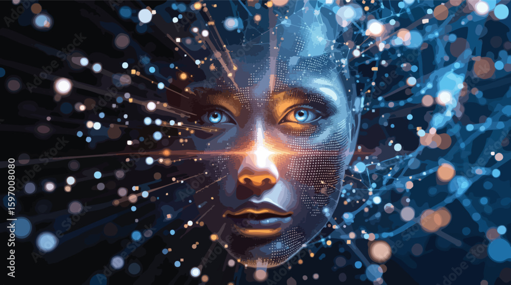 Poster futuristic abstract portrait of a human face representing artificial intelligence and digital connec