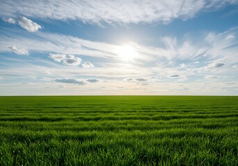 Obraz premium Verdant Green Field Under a Bright Sunny Sky Landscape, Nature, Outdoors, Day, Sunshine, Clouds