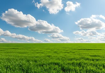 Fototapeta premium Lush Green Field Under Bright Blue Sky with Fluffy Clouds - Nature Landscape Scene.