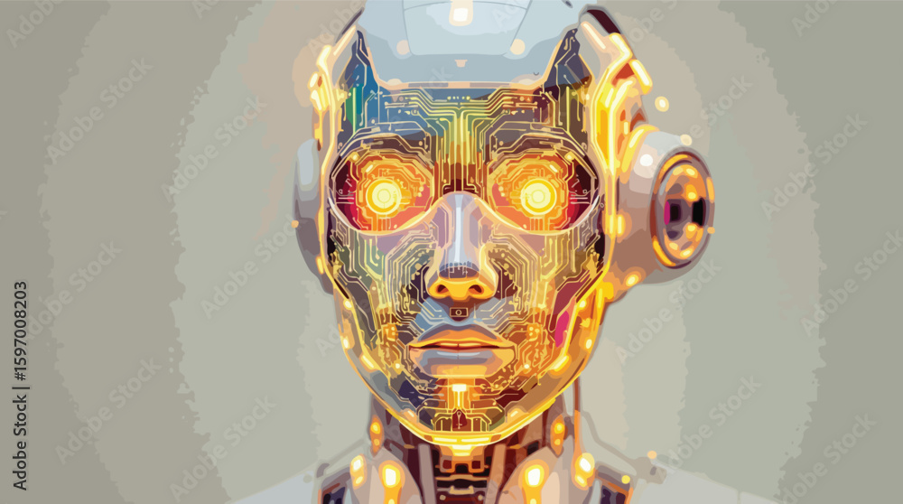 Aufkleber futuristic artificial intelligence portrait depicting a humanoid robot with glowing circuitry.