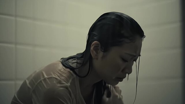 Desaturated Dimly Lit Video of Asian Woman in Shower Expressing Emotional Sadness with White T Shirt Reflecting Water Streaming Down Her Face and Wet Hair