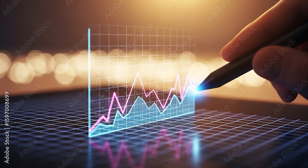Aufkleber a hand using a stylus on a digital graph with a grid and fluctuating line chart on a screen display
