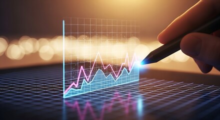 A hand using a stylus on a digital graph with a grid and fluctuating line chart on a screen display