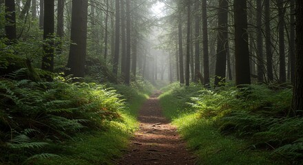 Fototapeta premium Path through a dense forest with tall trees and green foliage.