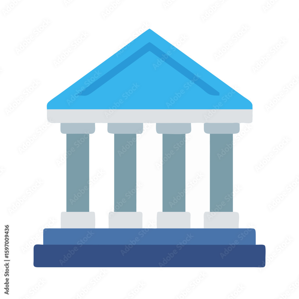 Poster a stylized blue building with classical columns and a triangular pediment, representing a government