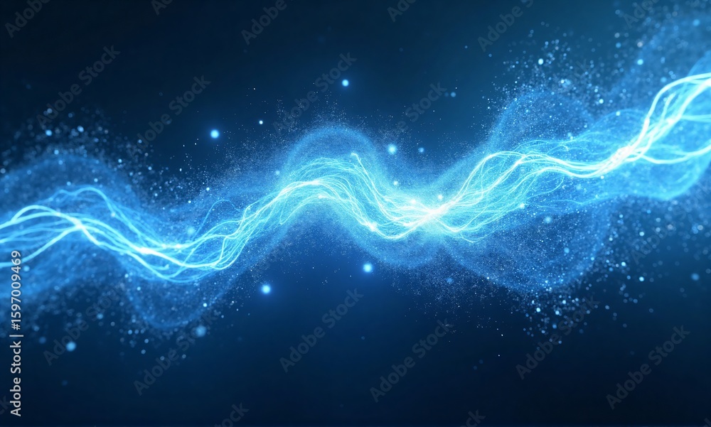 Poster abstract blue glowing waves of energy flow across a dark background with sparkling particles, creati