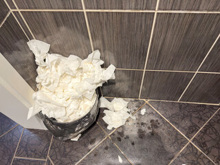 Overflowing Trash Bin in Public Restroom – Hygiene and Cleaning Concept