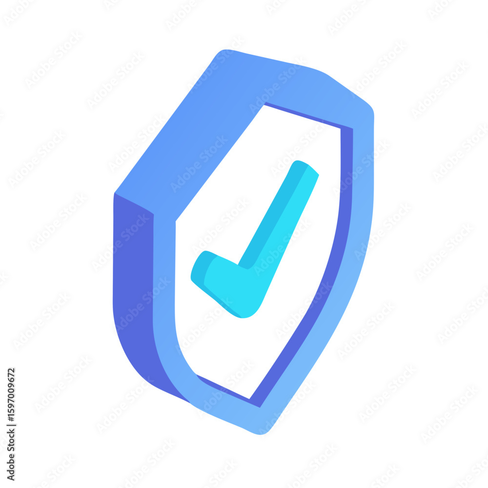 Poster a blue isometric shield with a cyan checkmark inside, symbolizing security and approval
