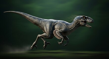 A stylized illustration of a velociraptor in a dynamic running pose against a muted green backdrop.