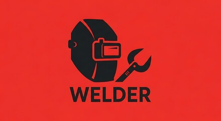 Naklejka premium A stylized welder's mask and wrench logo on a red background, representing welding expertise.
