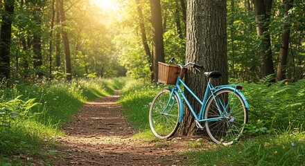 Fototapeta premium Blue bicycle leans against a tree on a path in a green forest.