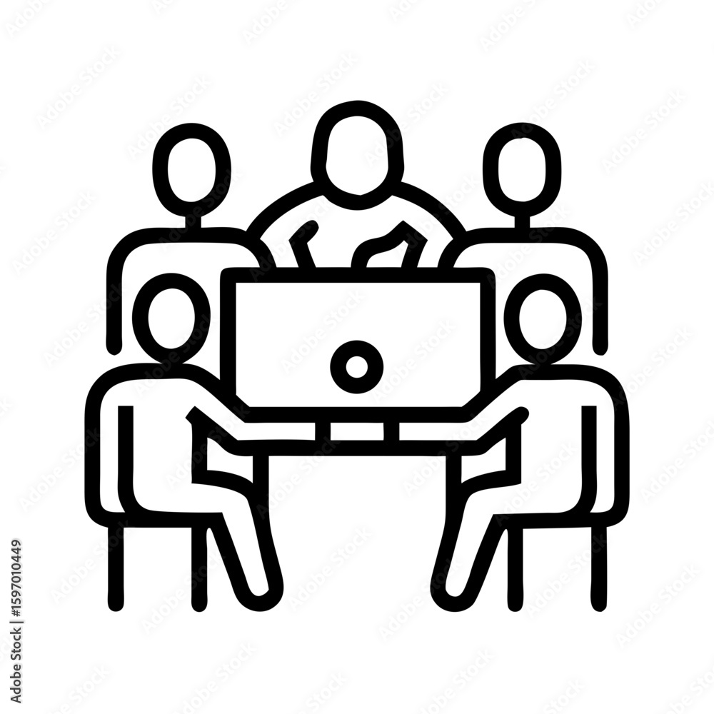 Poster a diverse group of people collaborates around a table with a computer during a business meeting