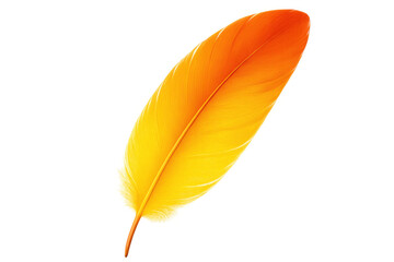 Realistic illustration of a vibrant feather with an orange tip fading to yellow, isolated on a transparent background, perfect for design projects