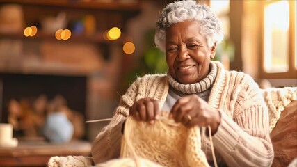 A smiling elder woman knits with needles, warm interior