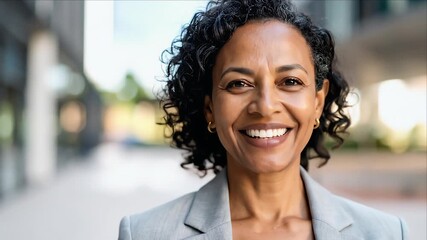 A smiling, professional woman in a suit in an urban setting - Powered by Adobe