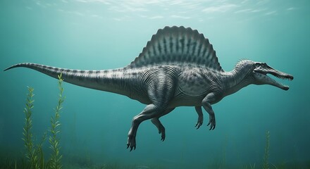 Spinosaurus swimming underwater, prehistoric aquatic reptile, paleontological reconstruction.