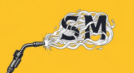 A welding torch emits smoke shaped into the letters "SM" against a yellow background.
