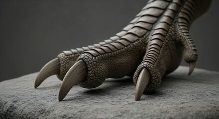 Close-up of a reptilian foot with sharp claws resting on a textured surface, showcasing detailed scales and powerful grip.