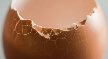 A macro shot of a cracked brown eggshell with jagged edges against a blurred background close up detail