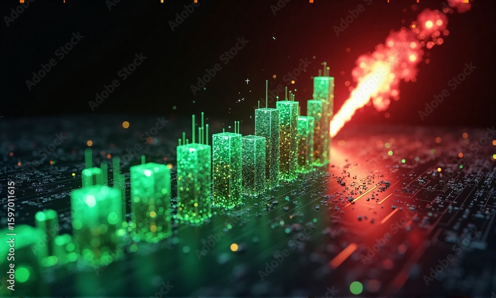 Poster dynamic digital bar graph visualizing rapid growth and powerful expansion on a shimmering, dark tech