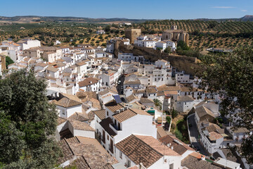 Panoramic view of the beautiful white village of Setenil de las Bodegas since lookout in Cadiz,...