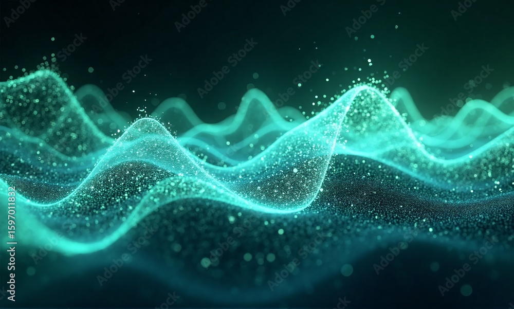Poster a mesmerizing display of glowing teal waves with shimmering particles, evoking a sense of digital fl