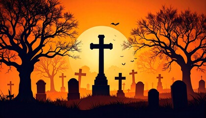 Silhouette of a graveyard scene featuring crosses and trees against an orange sunset.