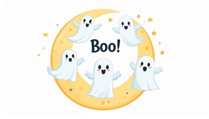 Cute cartoon ghosts float around a crescent moon with stars, and the word "Boo!" is written in the center.