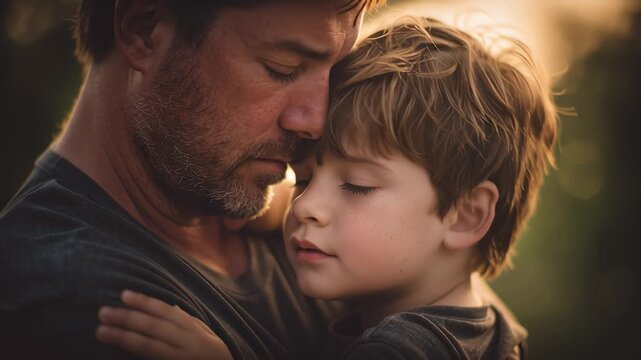 Father embracing son in golden hour light