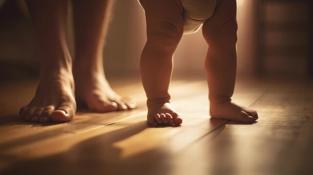 Baby taking first steps with parent's support on wooden floor