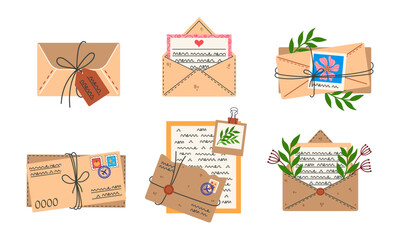 Vintage letters, postcards. Open, closed envelopes with paper messages, documents, notes, photos. Correspondence with wax seal, stamps, stationery, flowers. Post clipart, hand drawn simple vector set