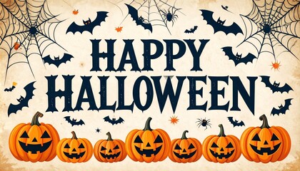 Festive Halloween greeting with carved pumpkins, bats, and spiderwebs on a vintage-style background.