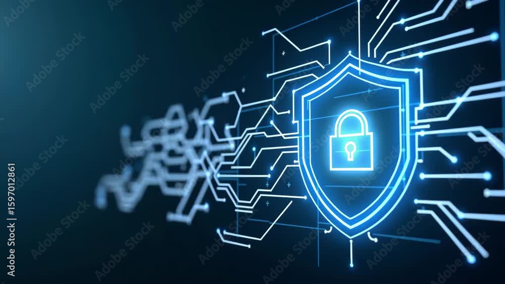 Poster modern cybersecurity solutions: visuals of layered security protocols, advanced threat intelligence,