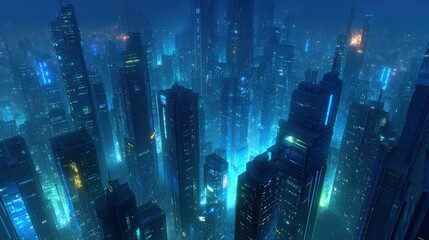 Futuristic Cityscape At Night With Glowing Skyscrapers