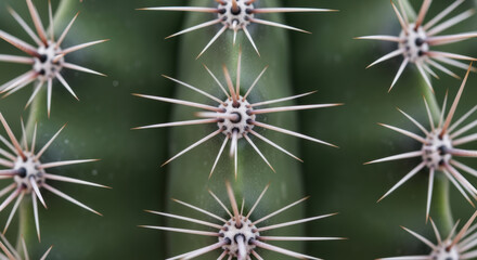 A close up view of a cactus showing its spines and green body in sharp detail and shallow depth of field