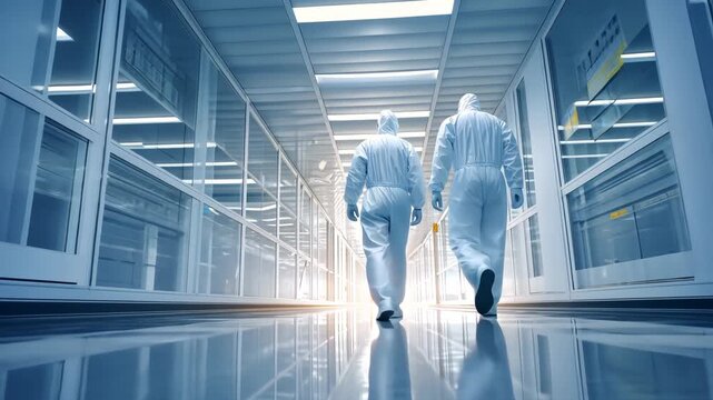 Back View of Scientists in PPE Inside a Sterile Research Facility