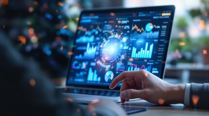 businessman working on laptop, AI and data analysis for financial report with digital charts, dashboard, and virtual interface on laptop.Artificial intelligence and big data. business investment 