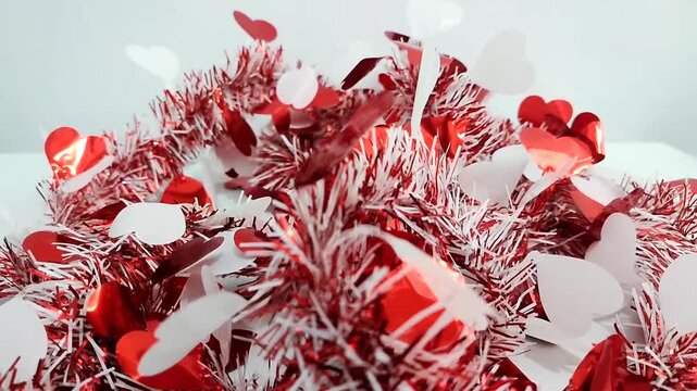 Red and white tinsel garland with heart shapes blown gently on white background. Great for Independence Day, patriotic content, or festive decoration.
