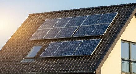 Fototapeta premium Solar panels on a roof of a house generate renewable energy.