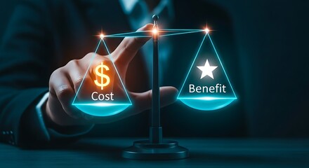 Cost-benefit analysis concept. A manager's hand touches a simple holographic scale, balancing a cost icon ($) against a benefit icon (star).