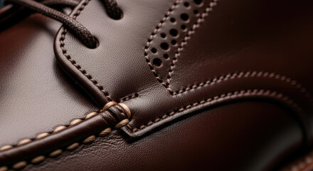 A macro shot showcasing the intricate details of a brown leather dress shoe with precise stitching work