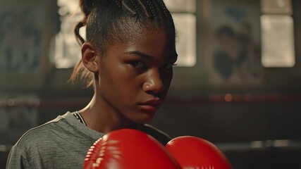 Young female boxer preparing for fight in boxing ring - Powered by Adobe