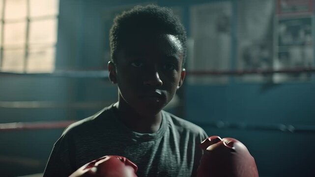 Young boxer wearing boxing gloves posing in a boxing ring