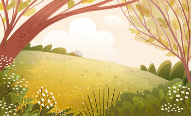 Fototapeta premium Scenic Meadow Autumn Landscape With Wildflowers and Trees. Clearing in the wild woods peaceful fall scenery, hand drawn landscape. Cartoon vector illustration of nature landscape background for kids.