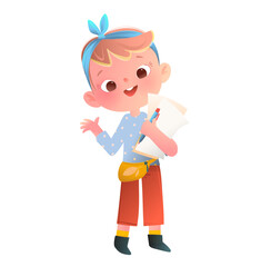 Girl student character holding notebook and pen, waving. Child enjoys reading, writing, and learning at school. Cute hand drawn cartoon vector illustration of kids childhood study.