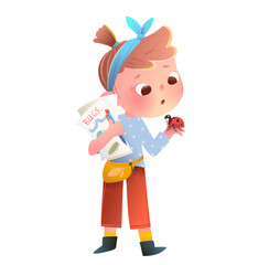 Curious girl examines ladybug studying nature and insects. Childhood curiosity and discovery in biology and entomology education. Cartoon vector illustration of focused student character learning © Popmarleo